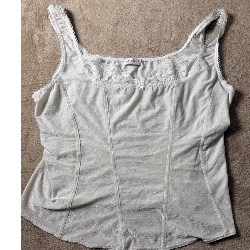 Arianne White Silver/Gray Lace Trim Corset Cami Top 3X Coquette Feminine VTG